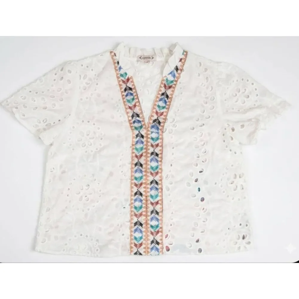 Nanette lepore womens medium white eyes top boxy airy spring summer blouse